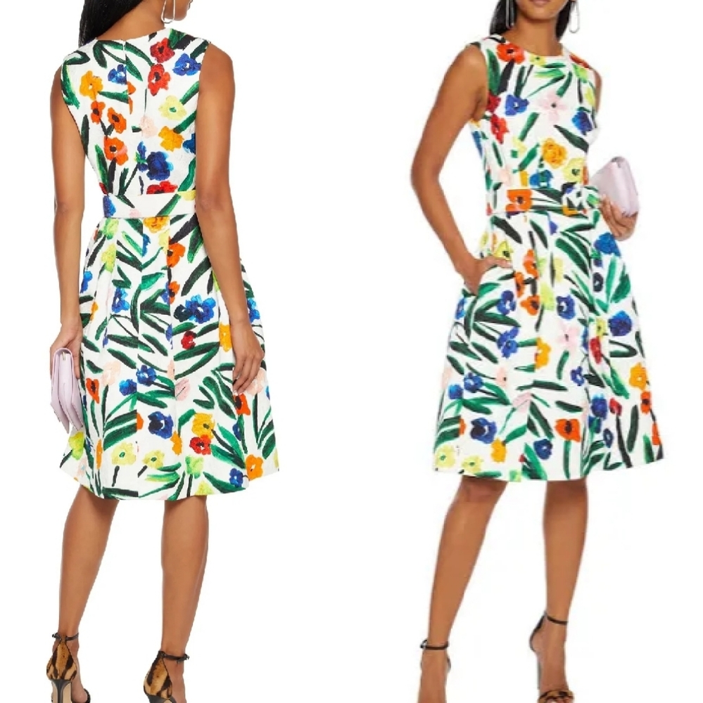 $2,690 NEW OSCAR DE LA RENTA WHITE FLORAL SILK COTTON CLOQUE DRESS US 8 M
